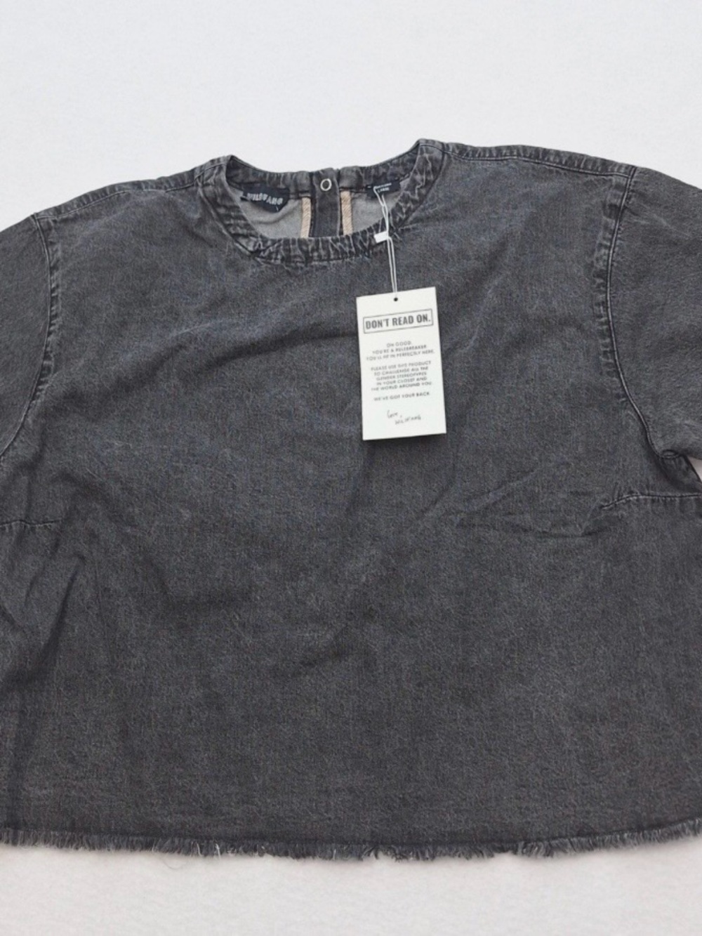 Wildfang Washed Black Denim Top with Tan Trim Large New in bag